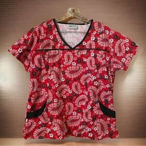 UA Scrubs Women's Red Black Paisley Size XL V-Neck Front Pockets Short Sleeve